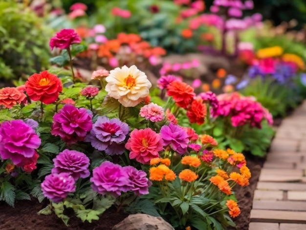 Un lecho de flores multicolor en el parque un montón de hermosas flores de verano exuberantes flores brillantes en