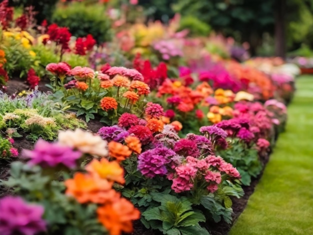 Un lecho de flores multicolor en el parque un montón de hermosas flores de verano exuberantes flores brillantes en