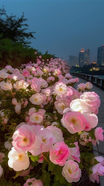 Un lecho de flores con rosas rosas en el fondo.