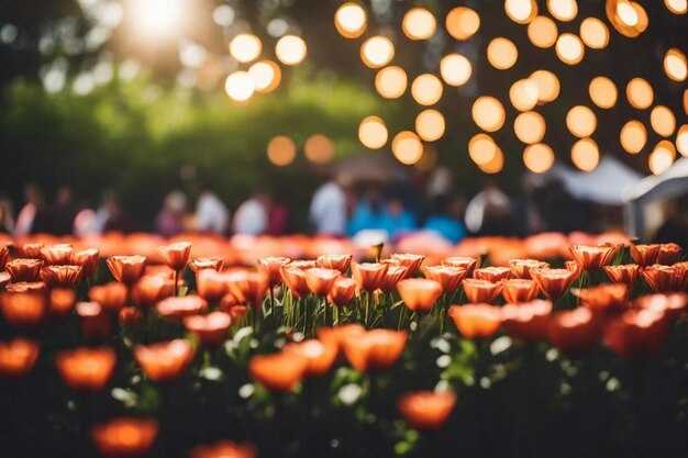 Foto un lecho de flores con tulipanes naranjas en el fondo