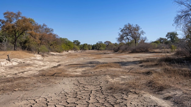 Un lecho fluvial seco y agrietado con arbustos y árboles como resultado de olas de calor prolongadas y falta de
