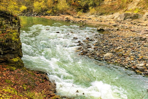 El lecho de un rápido río de montaña en un ondulante