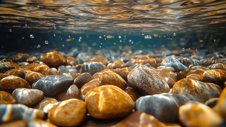 El lecho submarino del río con piedras lisas y burbujas