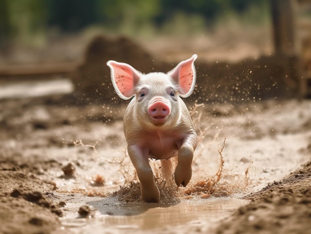 Un lechón corre a través de un charco de barro.