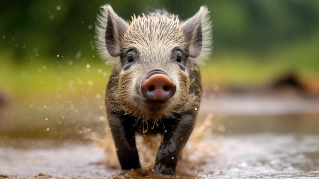 un lechón corriendo por el agua