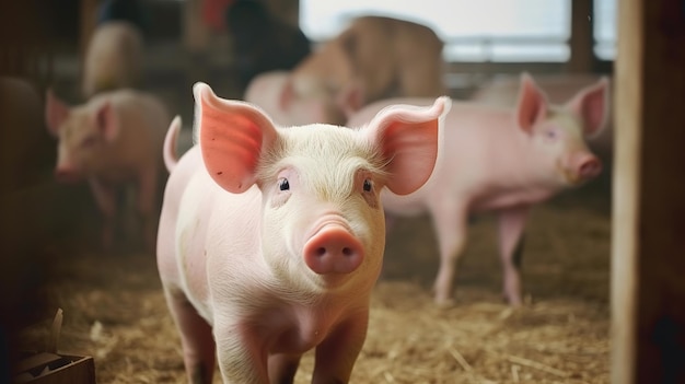 Lechón con orejas rosadas en una granja de cerdos para criar cerdos