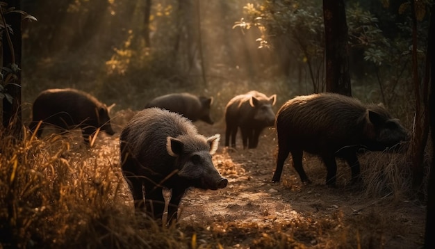 Lechón pasta en pradera con animales domésticos generados por IA