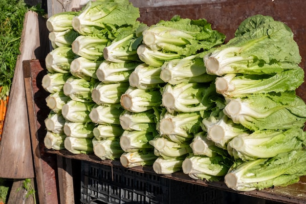 La lechuga disponible para la venta en un puesto de verduras a la orilla de la carretera bajo el sol en la carretera principal una forma tradicional para que los agricultores vendan sus productos frescos