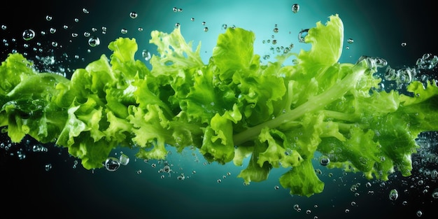 Lechuga fresca flotando con salpicaduras de agua en el fondo del estudio