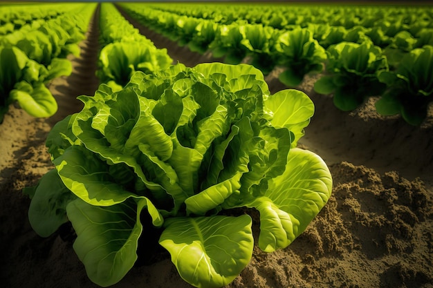 Lechuga de granja orgánica fresca de los campos Cerca de una granja con una plantación de vegetales hidropónicos