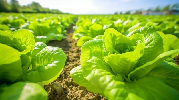 Lechuga orgánica fresca en un invernadero rural Filas de plántulas de lechuga IA generativa