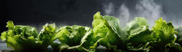 Foto lechugas verdes gotas metálicas sobre fondo negro mate con pancarta panorámica de vapor