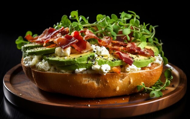 Lecker Bagel Delight Bacon Avocado und grüner Salat auf einem Teller Generative KI