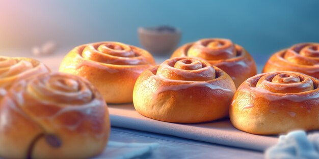 Lecker Cinnabon-Appetitbrötchen auf pastellfarbenem Hintergrund generativ ai