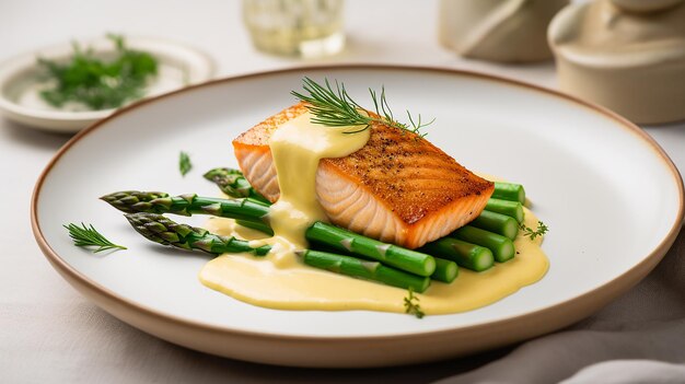 Foto lecker gebackener lachs mit spargel und hollandaise-käse gourmet-dinner