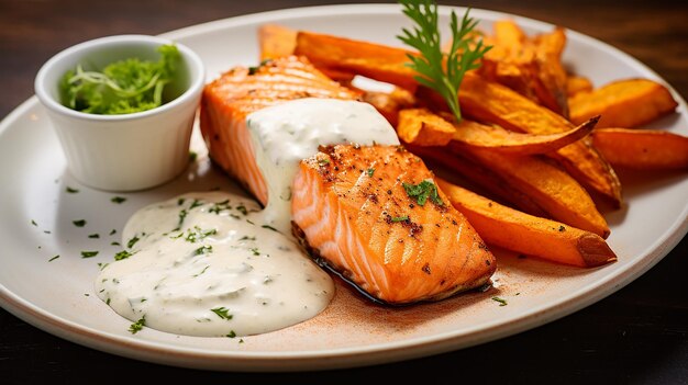 Foto lecker gebackener lachs mit süßkartoffeln und joghurt gesundes gourmetessen