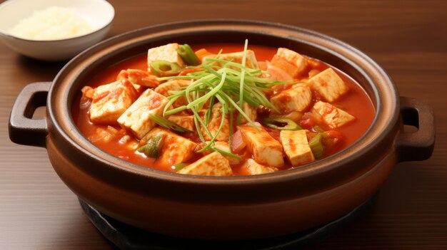 Lecker koreanischer Kimchi-Eintopf mit Tofu auf weißem Hintergrund, der von KI generiert wurde