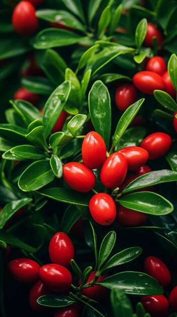 Lecker rote Goji-Beeren, lebendige Nahaufnahme inmitten von grünen Blättern