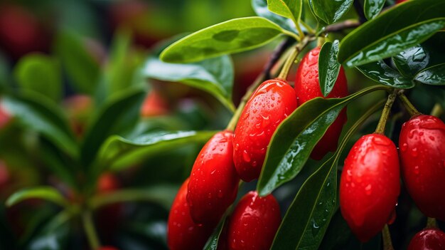 Lecker rote Goji-Beeren, lebendige Nahaufnahme inmitten von grünen Blättern