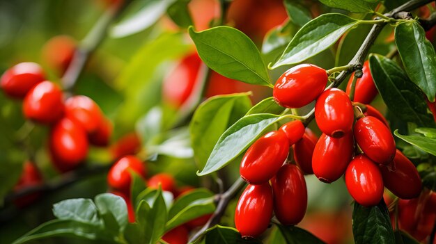 Lecker rote Goji-Beeren, lebendige Nahaufnahme inmitten von grünen Blättern