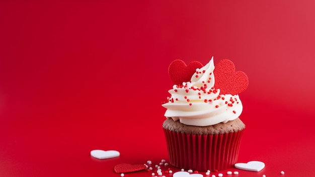 Lecker roter Samt-Cupcake auf rotem HintergrundGenerative KI