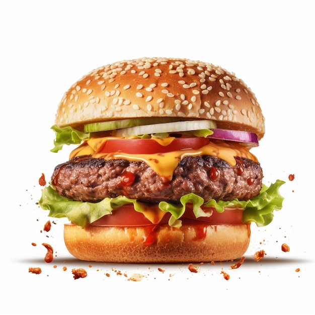 Lecker saftige Cheeseburger, die in der Luft schwimmen, saftige Smash-Burger, Cheeseburgers, köstliches Essen.
