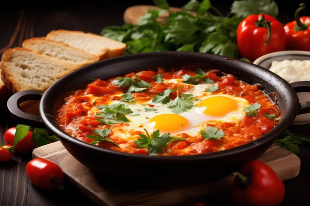 Lecker Shakshuka in der Bratpfanne und Produkte auf dem Holztisch