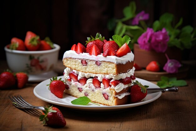 Lecker und süßer Kuchen mit Erdbeeren und Baiser auf einem Teller