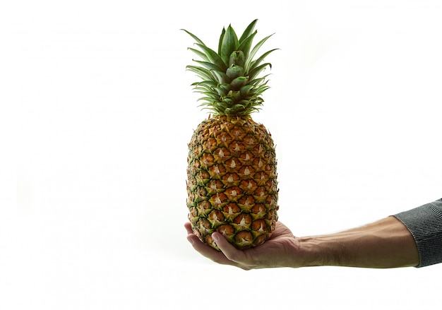 Leckere Ananas in der Hand auf einem weißen