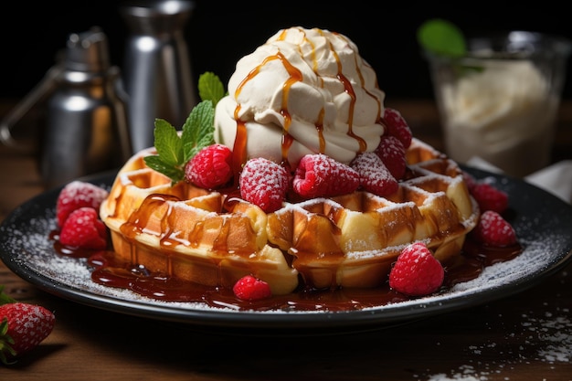 Leckere belgische Waffeln mit Hagelzucker und Erdbeeren von IA