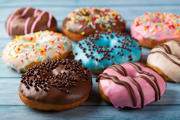 Leckere bunte Donuts auf dem Tisch