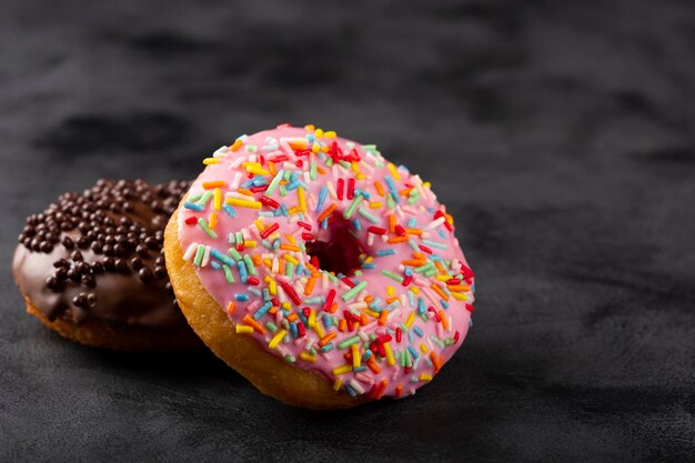 Leckere bunte Donuts auf dem Tisch