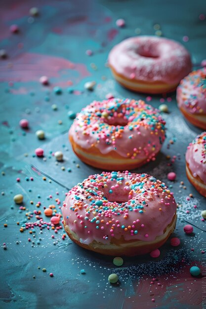 Foto leckere donuts, unwiderstehliche auswahl für snacks oder dessert, beste kulinarik, garniert mit süßem zuckerpulver, schokoladen, kekskrümeln und sahne.