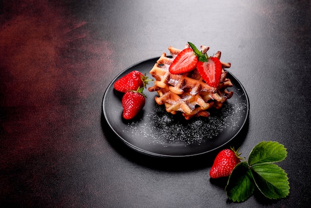 Leckere frisch gebackene Waffeln mit Beeren und Früchten