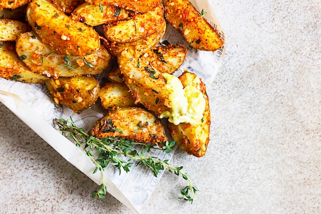 Leckere gebackene knusprige Kartoffeln mit Thymian und Sauce in einer Papiertüte zum Mitnehmen. Street Fast Food.