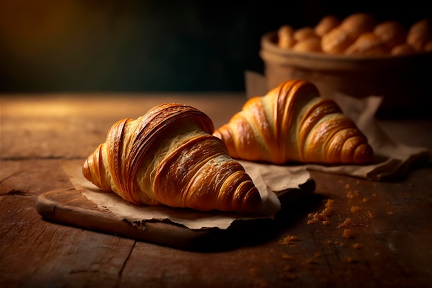 Leckere hausgemachte Croissants auf rustikalem Holzküchentisch AI generiert