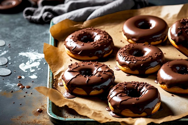 Leckere hausgemachte Donuts mit Schokoladenüberzug auf Backblech