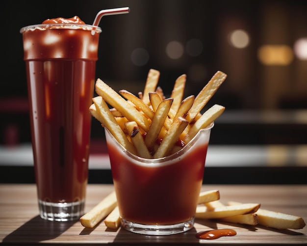 Leckere, heiße, knusprige Pommes-Frites-Kartoffeln mit Limonade