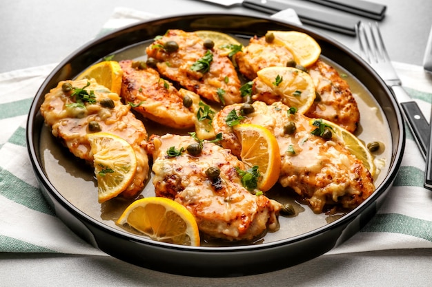 Leckere Hühnchen-Piccata mit Sauce und Zitrone auf Teller