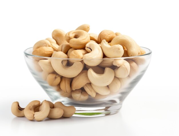 Foto leckere isolierte cashew-nüsse, gesunder bio-snack mit nuss-gourmet-geschmack und kulinarischen zutaten