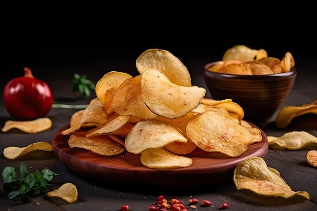 Leckere Kartoffelchips mit verschiedenen Gewürzen und Geschmacksrichtungen