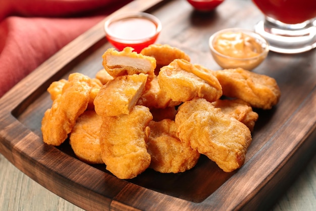 Leckere Nuggets und kleine Schalen mit Saucen für Hähnchen auf Holztablett