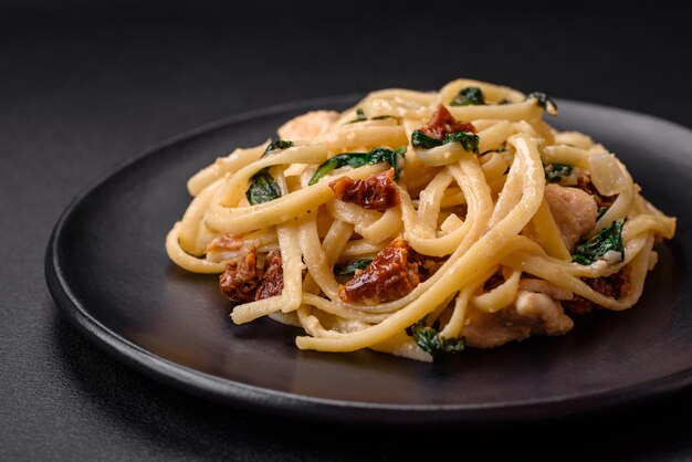 Leckere Pasta mit Spinat, sonnengetrockneten Tomaten, Käse, Zwiebeln