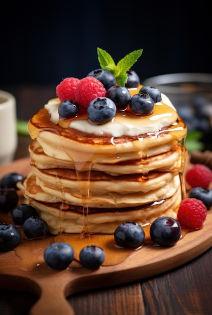 Leckere Pfannkuchen mit Honig und Früchten