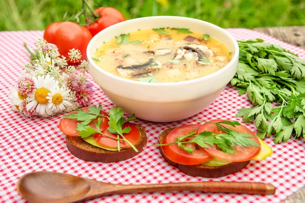 Leckere Pilzsuppe mit Tomaten.