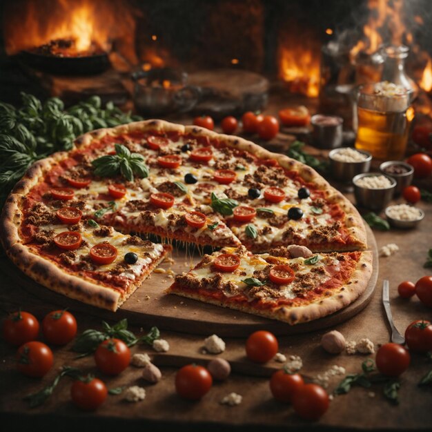 Foto leckere pizza gefüllt mit tomatensalami und oliven
