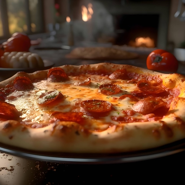 Leckere Pizza vor dem Hintergrund der Küche