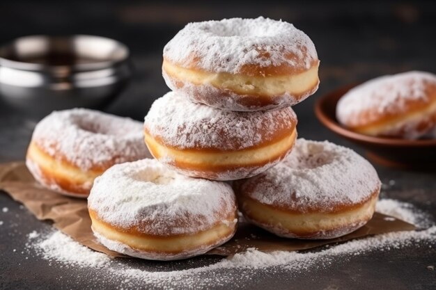 Leckere Puderzucker-Donuts auf dem Tisch
