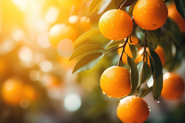 Leckere reife Orangen auf einem Zweig vor verschwommenem Hintergrund