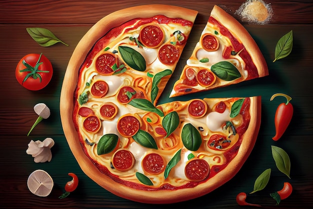 Leckere saftige Pizza auf Holzhintergrund Generative Ai